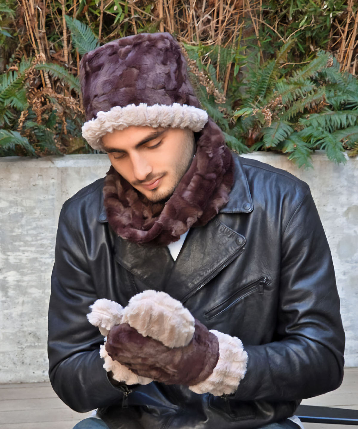 Male Model wearing Mittens with One on the, Reversed Side | Shown in Cirrus Faux Fur in Honey with Cuddly Chocolate Lining. | Handmade in Seattle, WA | Pandemonium Seattle