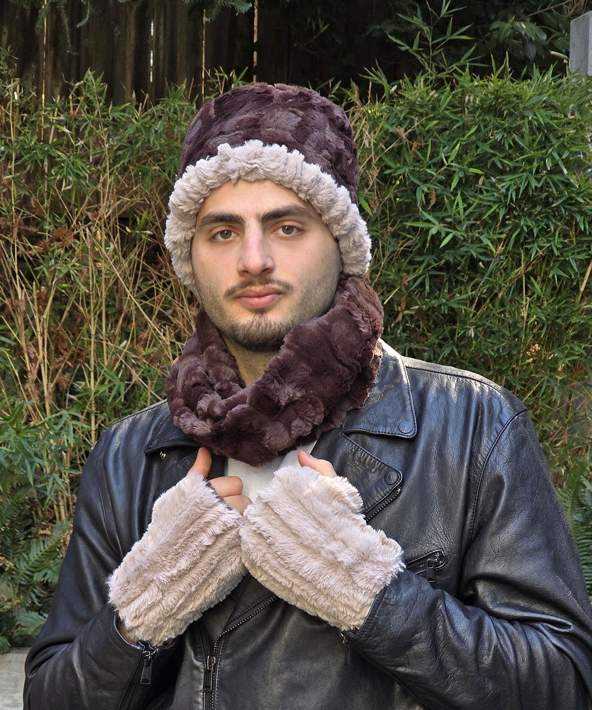 Model wearing Men&#39;s Fingerless Gloves | Cirrus Honey with Cuddly Chocolate Faux Fur | Featuring a Matching Cuffed Pillbox with Chocolate Neckwarmer | Handmade in Seattle, WA USA | By Pandemonium Seattle