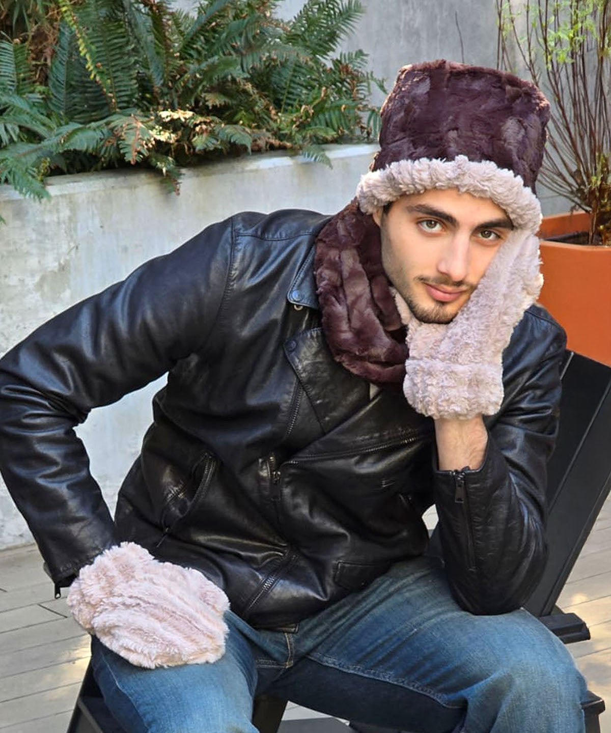 Model wearing Mittens with Matching Cuffed Pillbox, Reversed | Shown in Cirrus Faux Fur in Honey | Handmade in Seattle, WA | Pandemonium Seattle