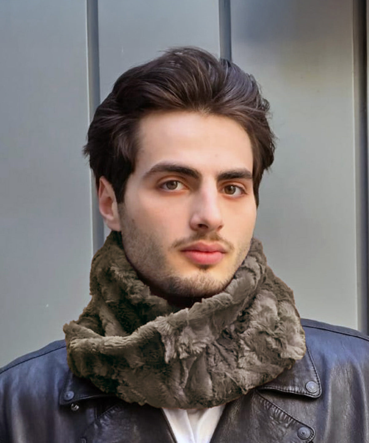 Neck Warmer in Cuddly Taupey Faux Fur. Made in Seattle, WA, USA by Pandemonium Seattle.