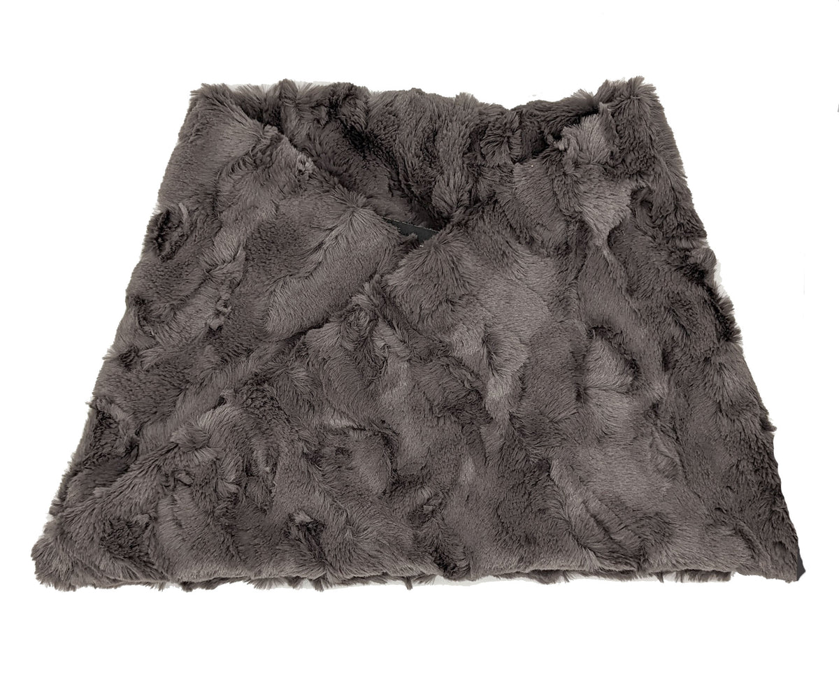 Product shot of Women&#39;s Neck Warmer Cuddly Faux Fur in Gray | Pandemonium Millinery | Handmade in Seattle, WA