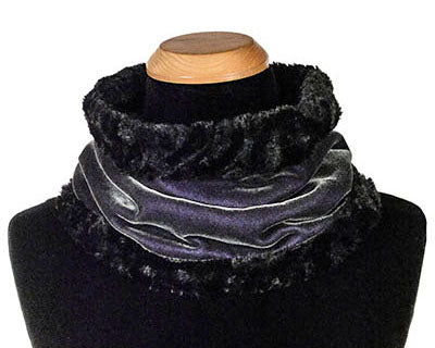 Product shot of women’s Neck Cowl | Velvet in Gray Smoky Quartz with Cuddly Black Faux  Fur on mannequin | Scarves Pandemonium Millinery | Handmade in Seattle WA| Handmade in Seattle WA | Pandemonium Millinery