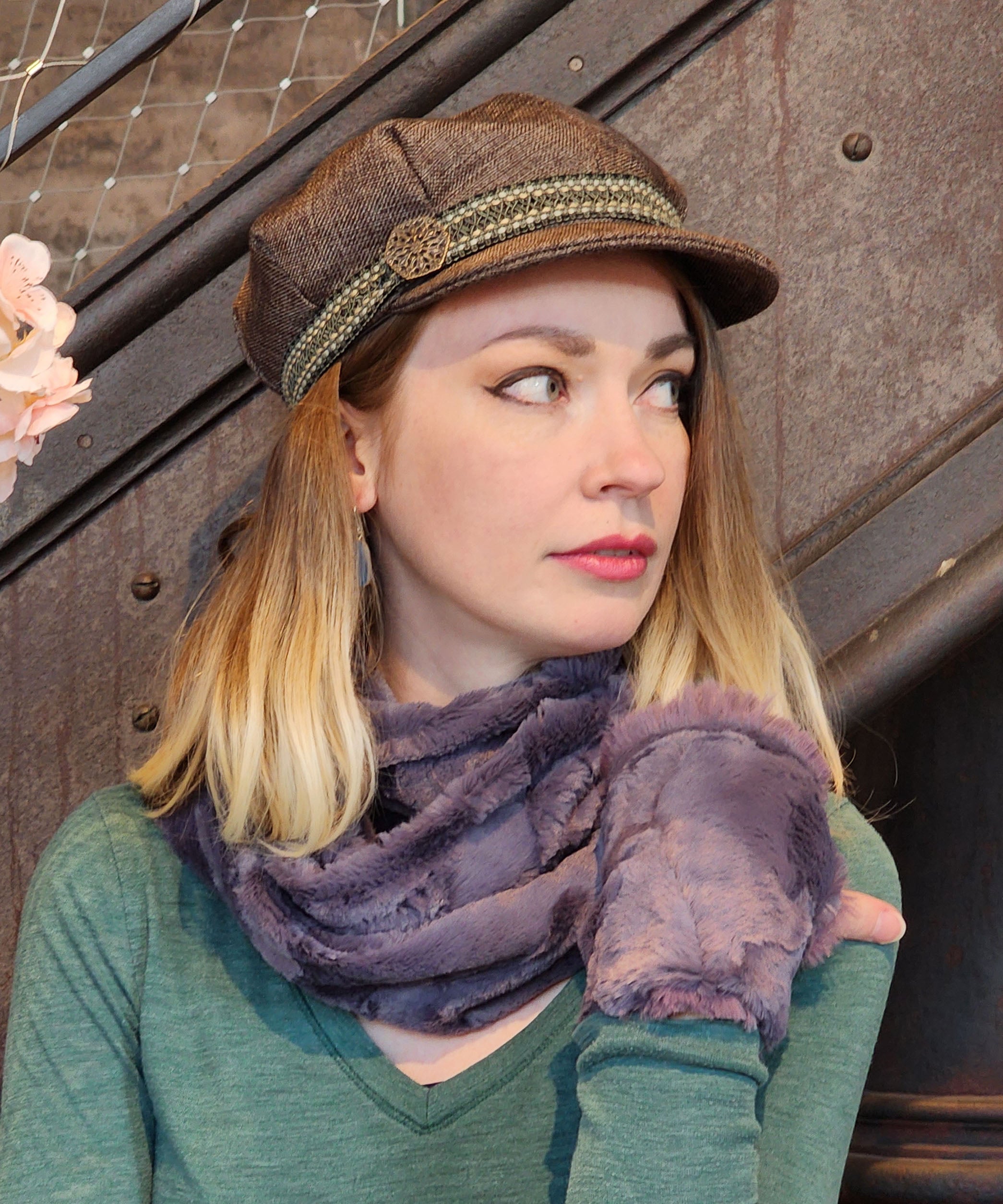 Woman modeling Valerie Cap in Origin | Handmade by Pandemonium Seattle.