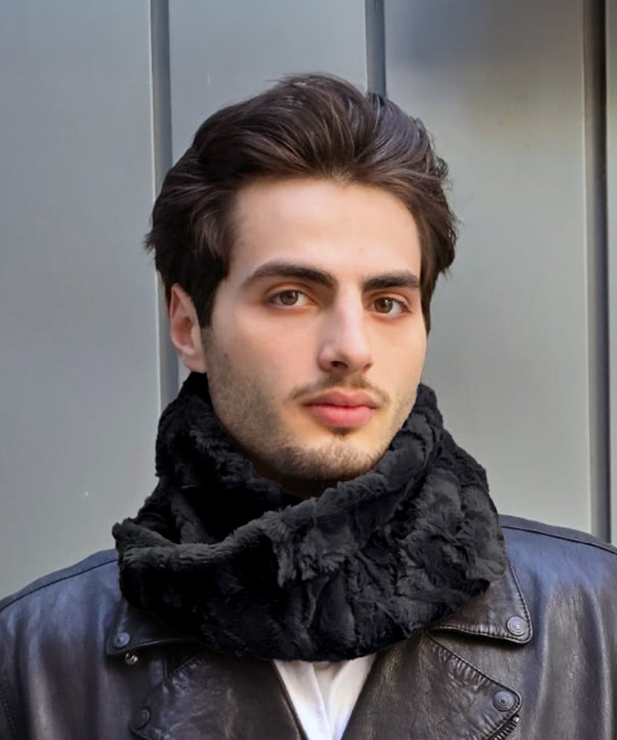 Headshot of Model wearing Neck  Warmer | Cuddly Faux Fur in Black | Handmade in Seattle, WA USA