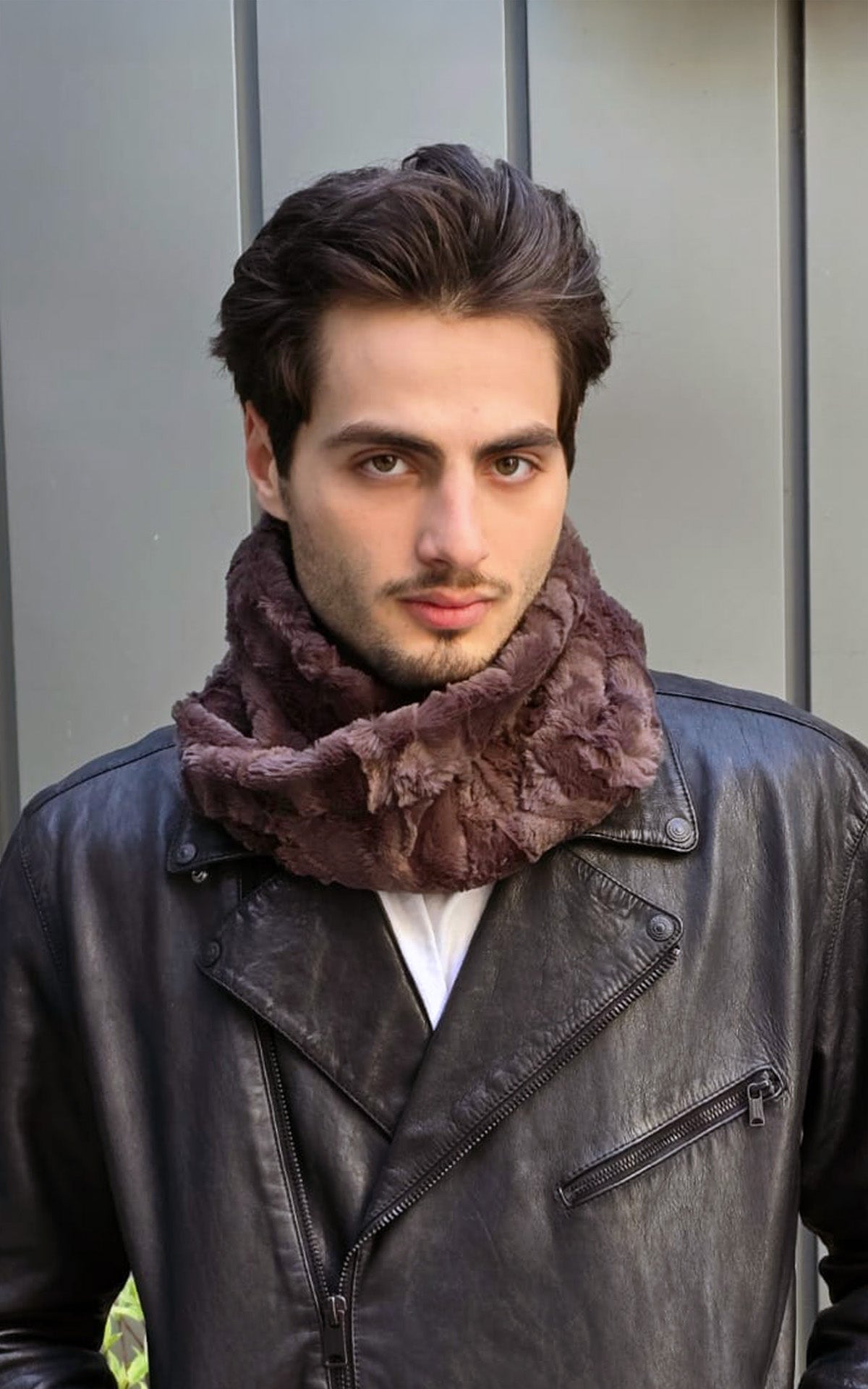 Man wearing a Neckwarmer | Cuddly Faux Fur in Chocolate | Handmade in Seattle, WA USA