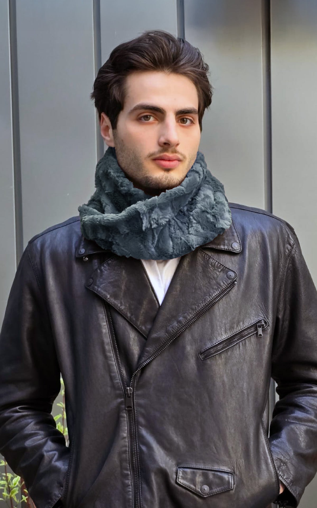 Model wearing Neckwarmer | Cuddly Faux Fur in Slate | Handmade in Seattle, WA USA