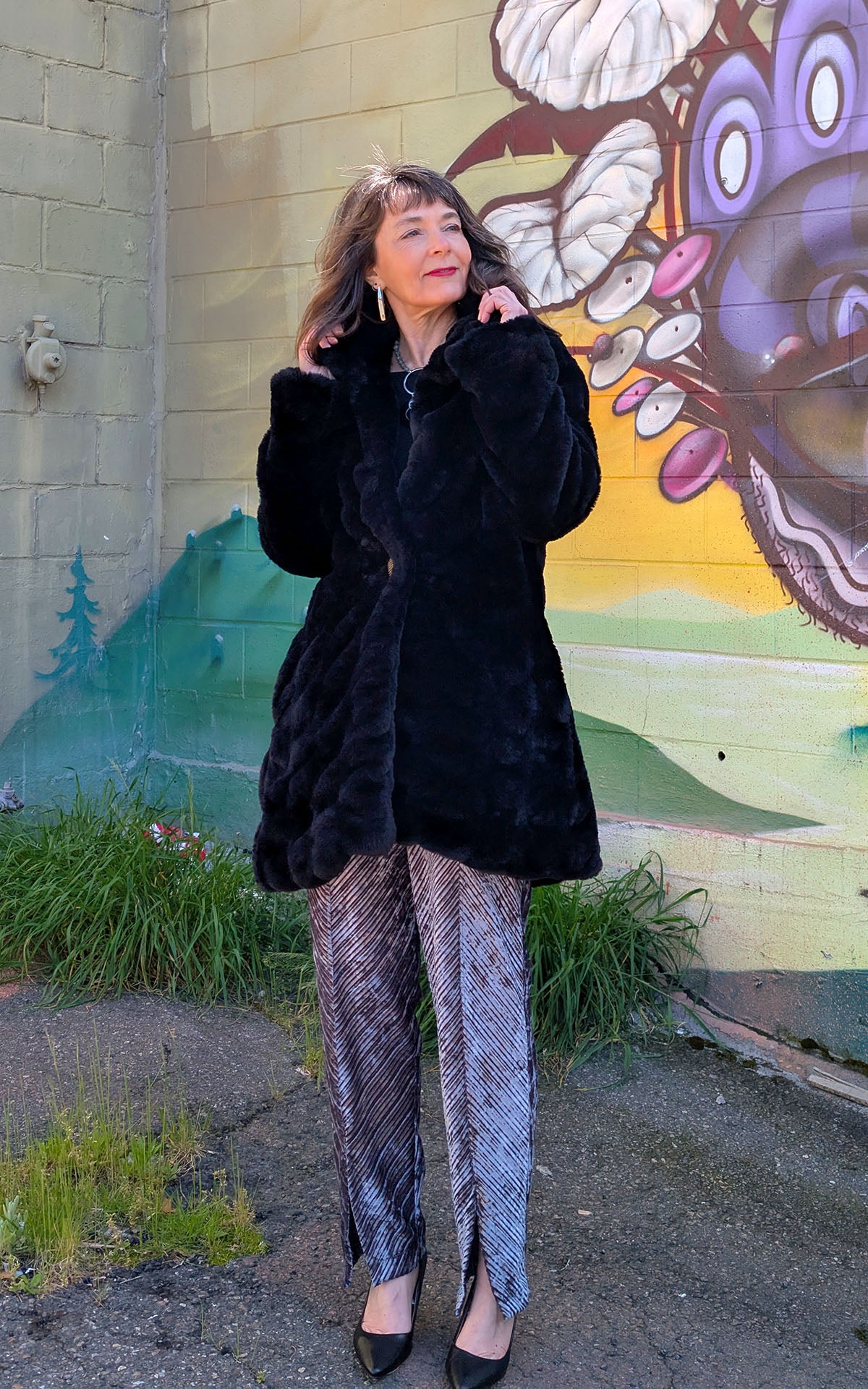 Model wearing Cardi coat in Onyx Faux Fur | Handmade in Seattle, WA USA | By Pandemonium Millinery