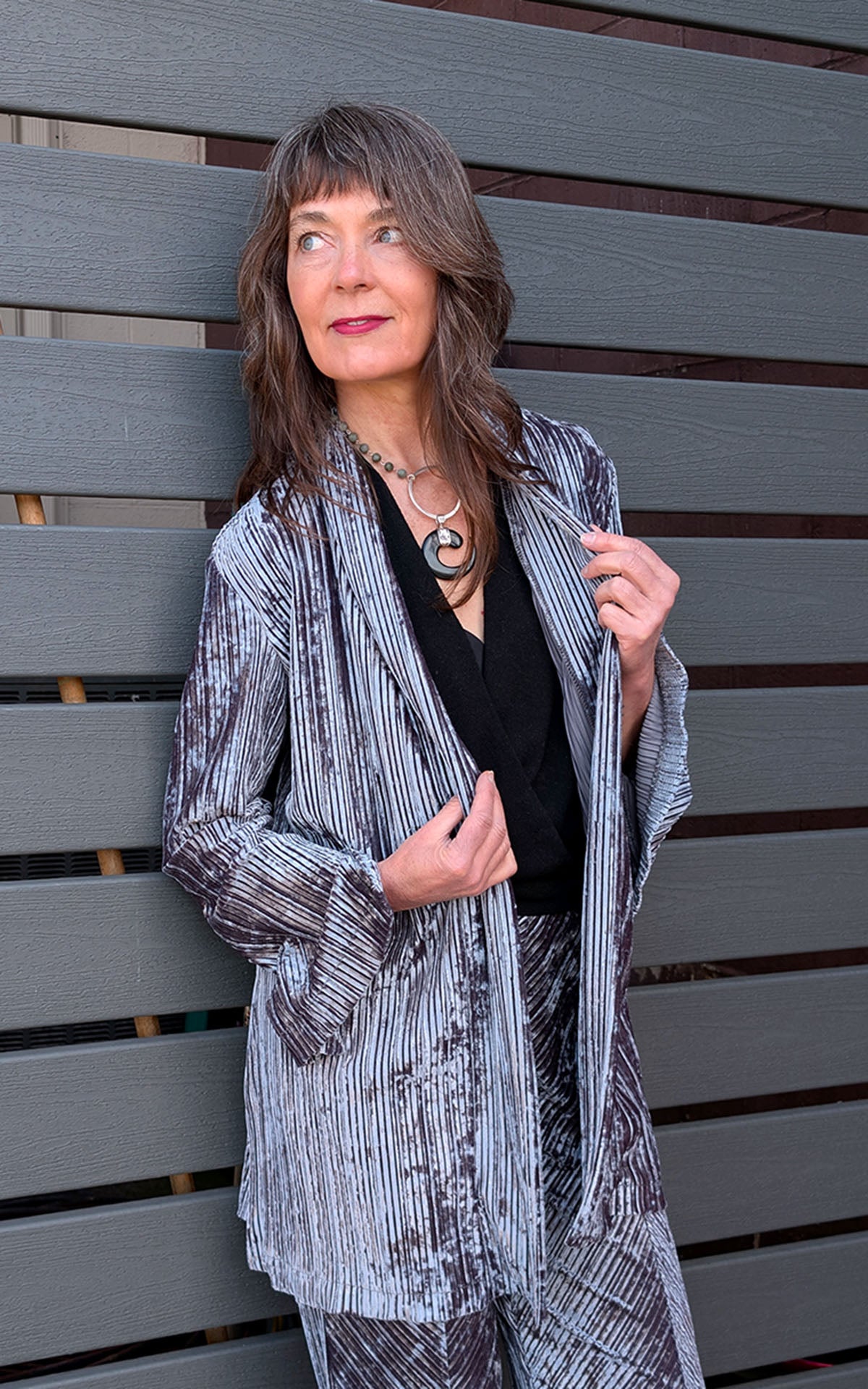 Close up of woman wearing Slice of Life cardigan in socialite Pleated Velvet handmade in USA by Pandemonium Seattle