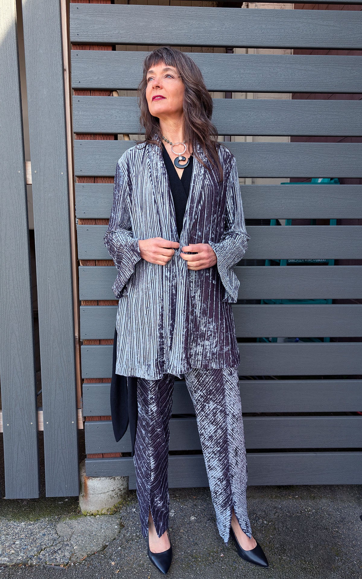 Woman wearing pants and cardigan in socialite Pleated Velvet handmade in USA by Pandemonium Seattle