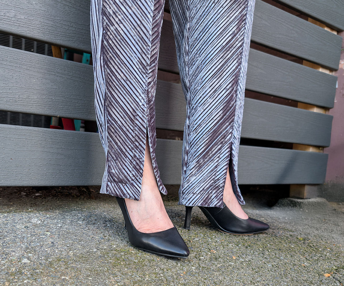detail shot of hem on Slice of Life pants in socialite Pleated Velvet handmade in USA by Pandemonium Seattle