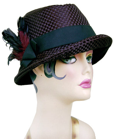 Olivia Hat Karma in Black | Black Band with a Black and Burgundy Feather  Brooch | Handmade By Pandemonium Millinery | Seattle WA