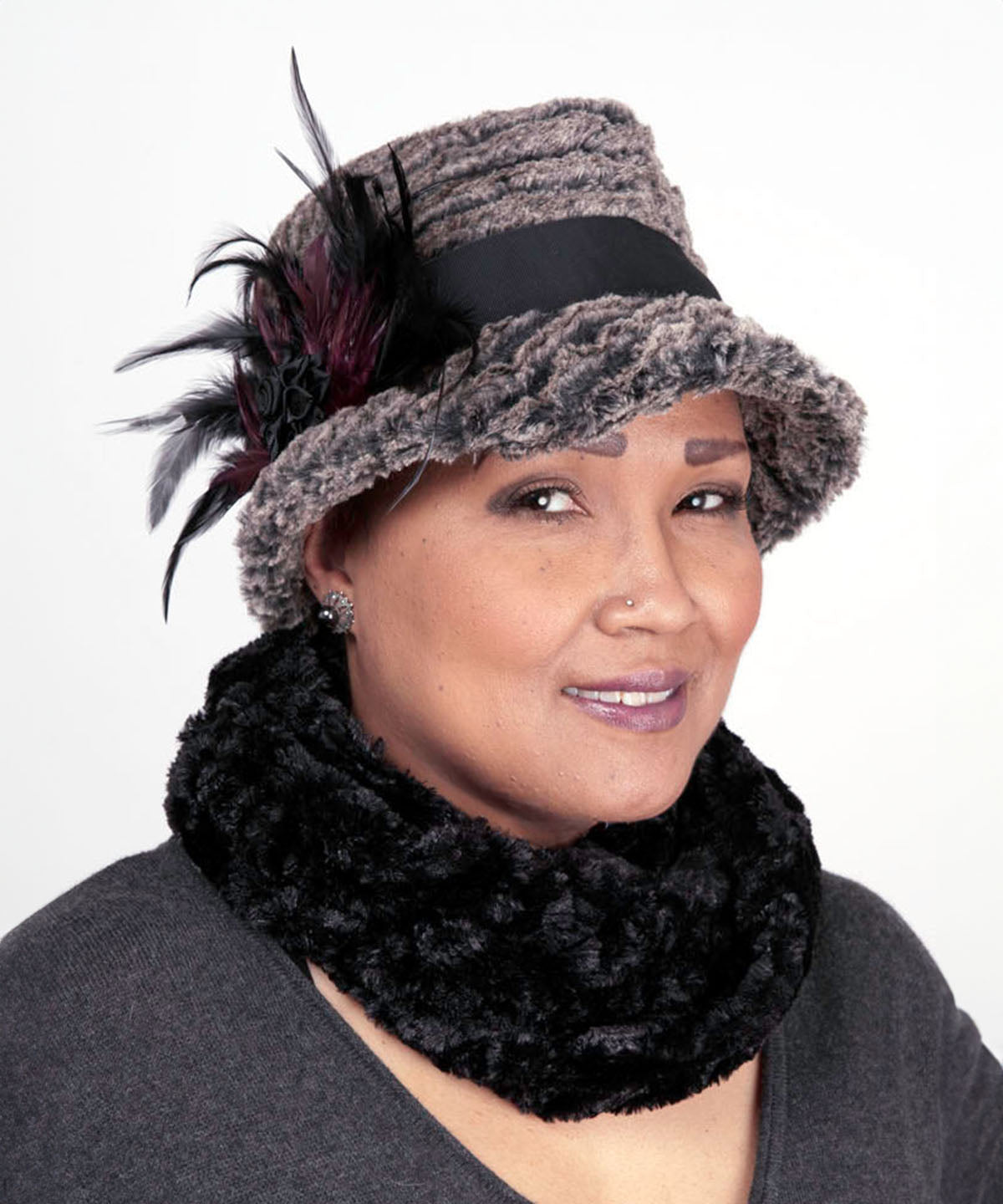 Model in Neck warmer in Cuddly Black Faux Fur |  By Pandemonium Millinery | Seattle WA USA
