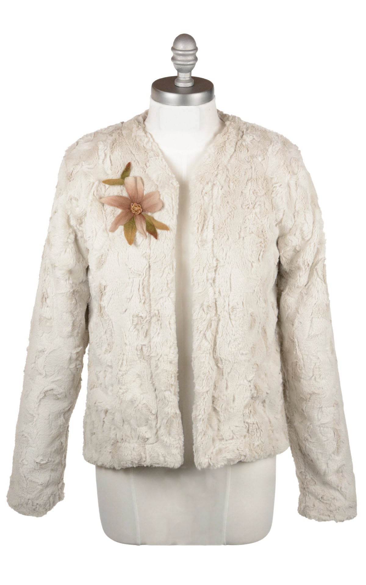 Onassis Jacket | Cuddly Faux Fur in Sand with Handsewn Dogwood Applique | Handmade By Pandemonium Millinery | Seattle WA USA