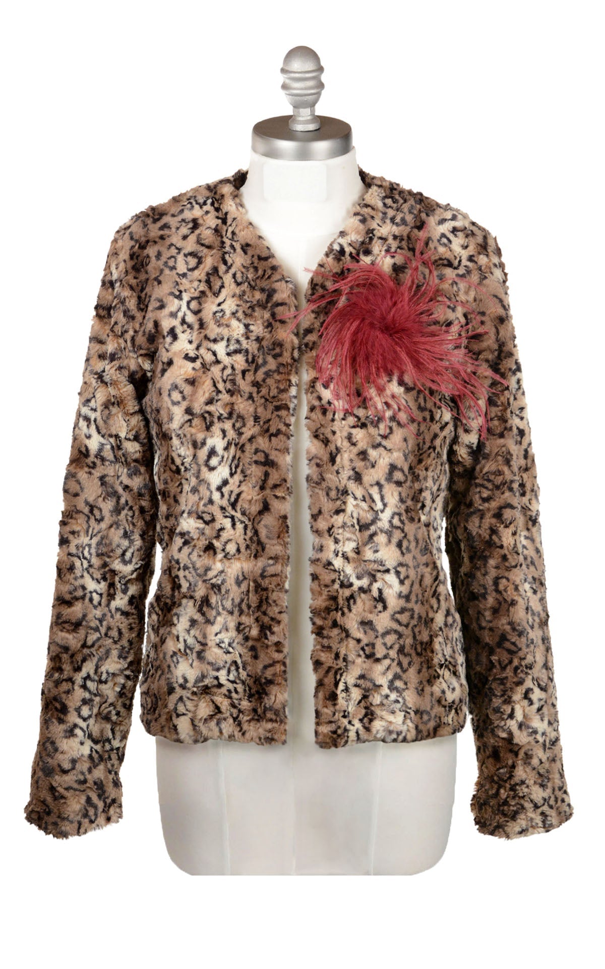 Onassis Jacket | Carpathian Lynx Animal print Faux Fur shown with Pomegranate ostrich Feather Brooch | Handmade By Pandemonium Millinery | Seattle WA USA