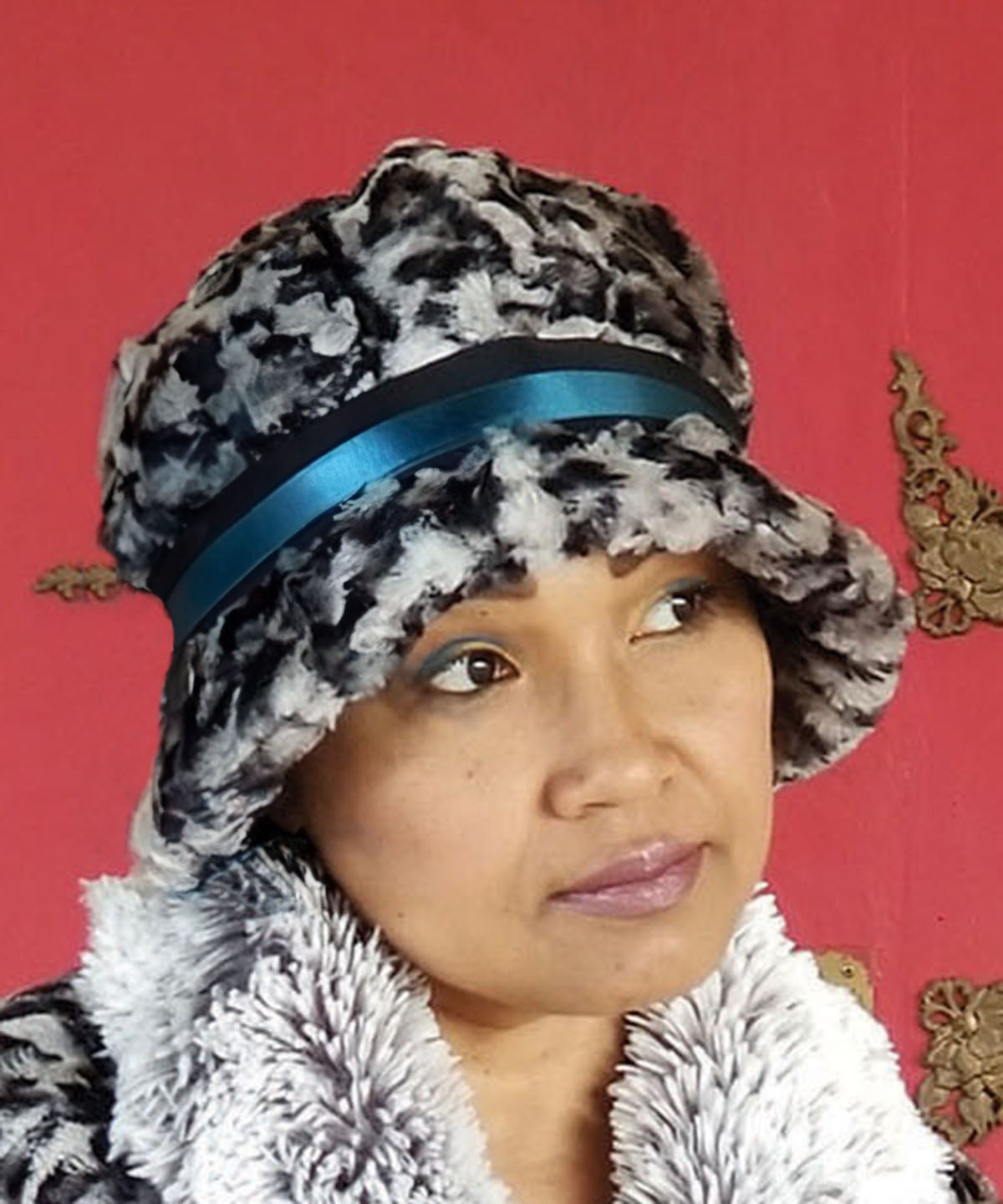 Model wearing Grace Cloche Style Hat Savannah Cat in Gray Faux Fur with Teal satin and black grosgrain band | By Pandemonium Millinery | Seattle WA USA