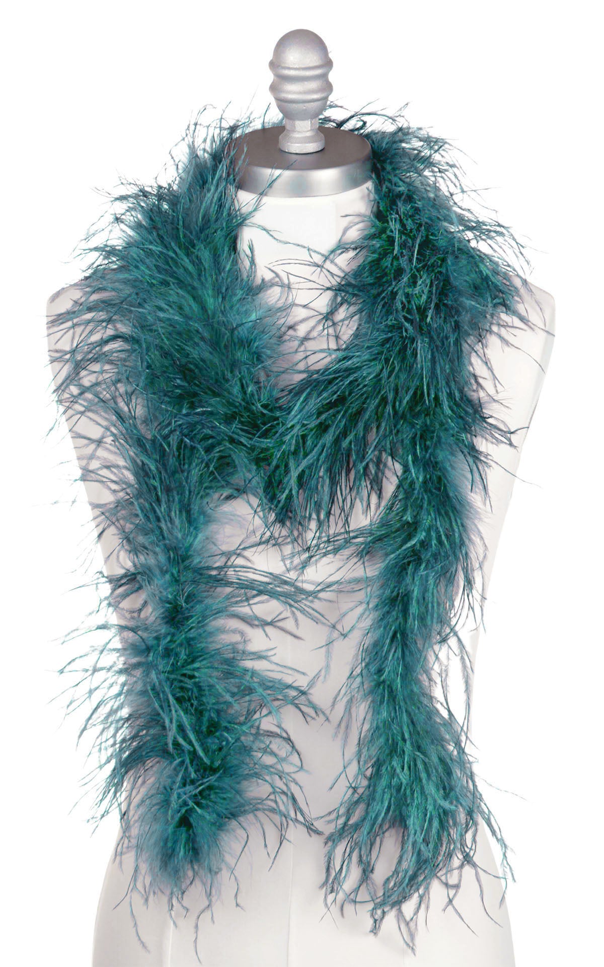 Woman wrapping the ostrich feather boa in moss green around her shoulders. Pandemonium Seattle.