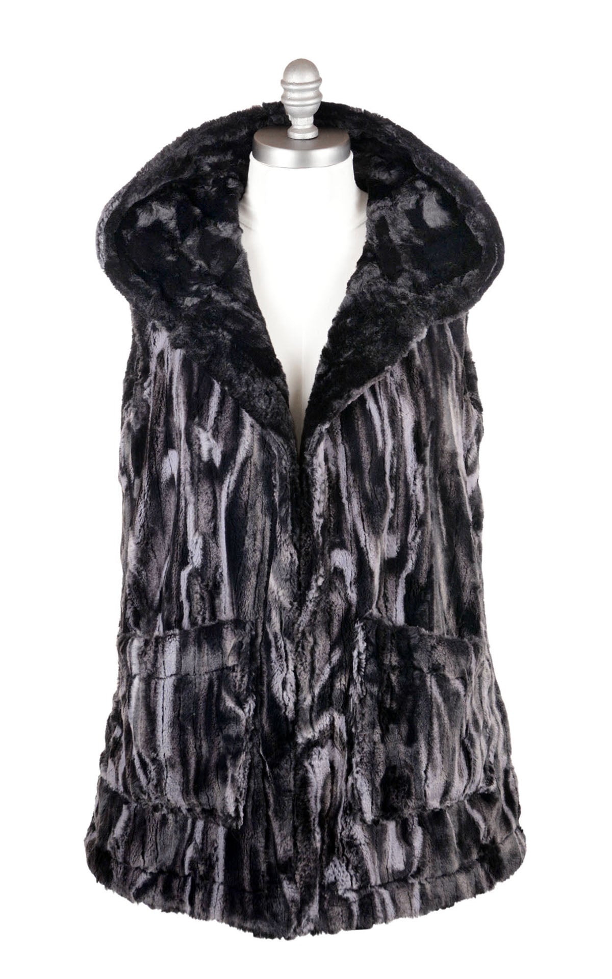 Oversized Hooded Vest in Marble Black Dune Faux Fur with Cuddly Black  on reverse. Handmade in Seattle, WA, USA 
by Pandemonium Seattle.