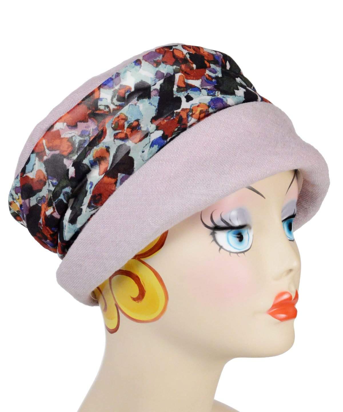 Woman wearing Ana Hat in Rose Quartz Linen with Purple Impression Side Ruching Handmade by Pandemonium Seattle