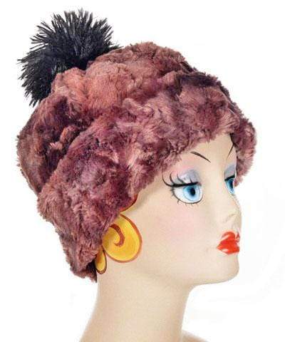 Beanie Hat, reversible in Luxury Faux Fur - Thistle and Cuddly Black with Pom. Pandemonium Millinery in Seattle, WA.