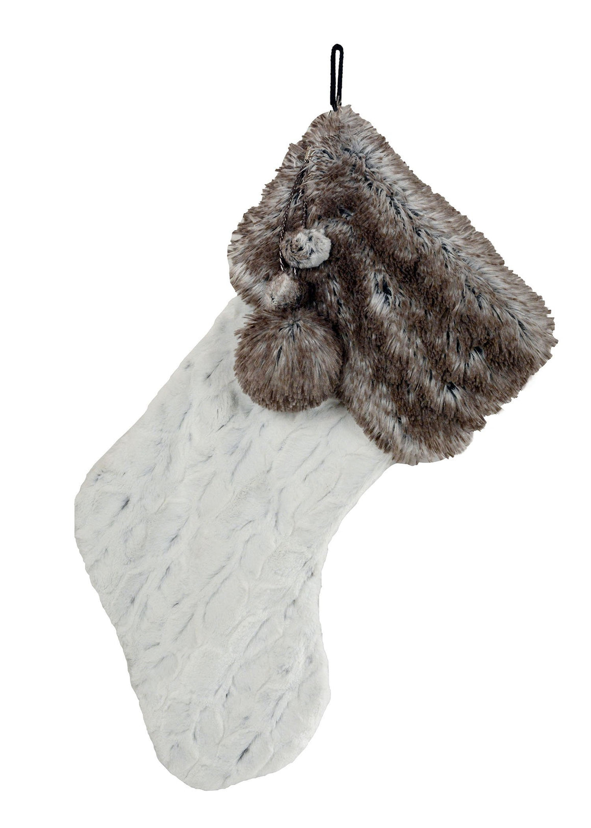 Holiday Stocking - Arctic Fox Faux Fur Cuff with Winter Frost Faux Fur featuring Arctic Fox Pom Key Chain- Handmade in Seattle, WA by Pandemonium Millinery
