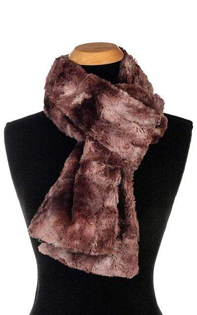Women’s Product shot on mannequin of Classic Scarf | Thistle faux fur, mauve and pinks | Handmade by Pandemonium Millinery Seattle, WA USA