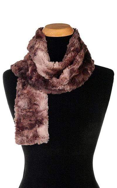 Women’s Product shot on mannequin of Classic Skinny Scarf | Thistle faux fur, mauve and pinks | Handmade by Pandemonium Millinery Seattle, WA USA