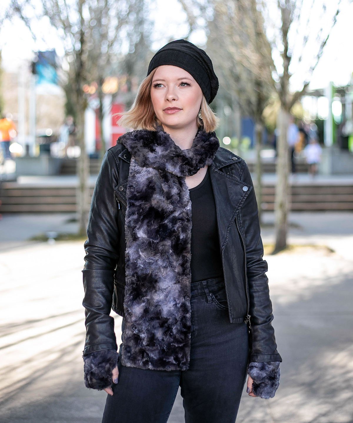 Model in park wearing Rowdie hat in black Voile and Classic Scarf | Highland Skye faux fur, navy, blue | Handmade by Pandemonium Millinery Seattle, WA USA