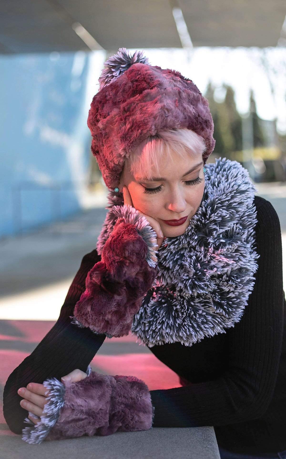 Reversible Fingerless Gloves Model Shot | Luxury Faux Fur in Thistle lined Blue Steel | Pandemonium Millinery