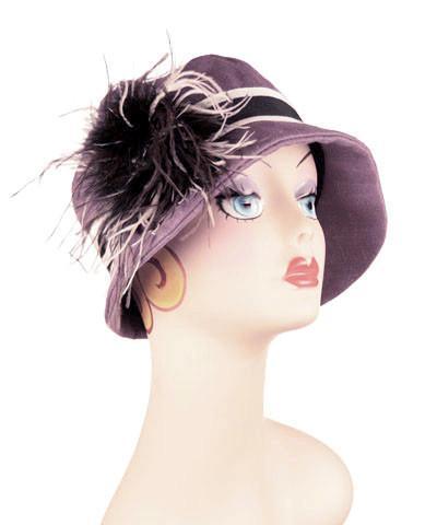 Grace Cloche Hat | Linen in Plum with Ostrich Feather Brooch | Handmade USA Pandemonium Millinery
