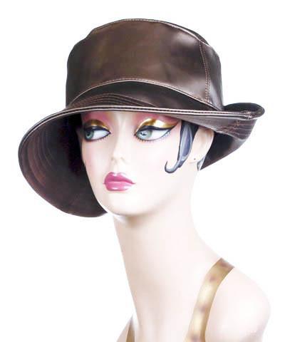 Hollie Rain Hat on model | Alloy in Cocoa Vinyl | Handmade Seattle, WA USA by Pandemonium Millinery