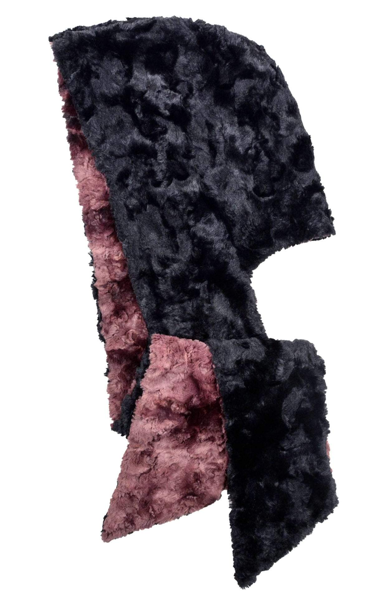 Unisex Two-Tone Hooded Scarf | Highland in Thistle, Mauve reversing to Cuddly Fur in Black Faux Fur, shown in reverse| Handmade in Seattle WA | Pandemonium Millinery