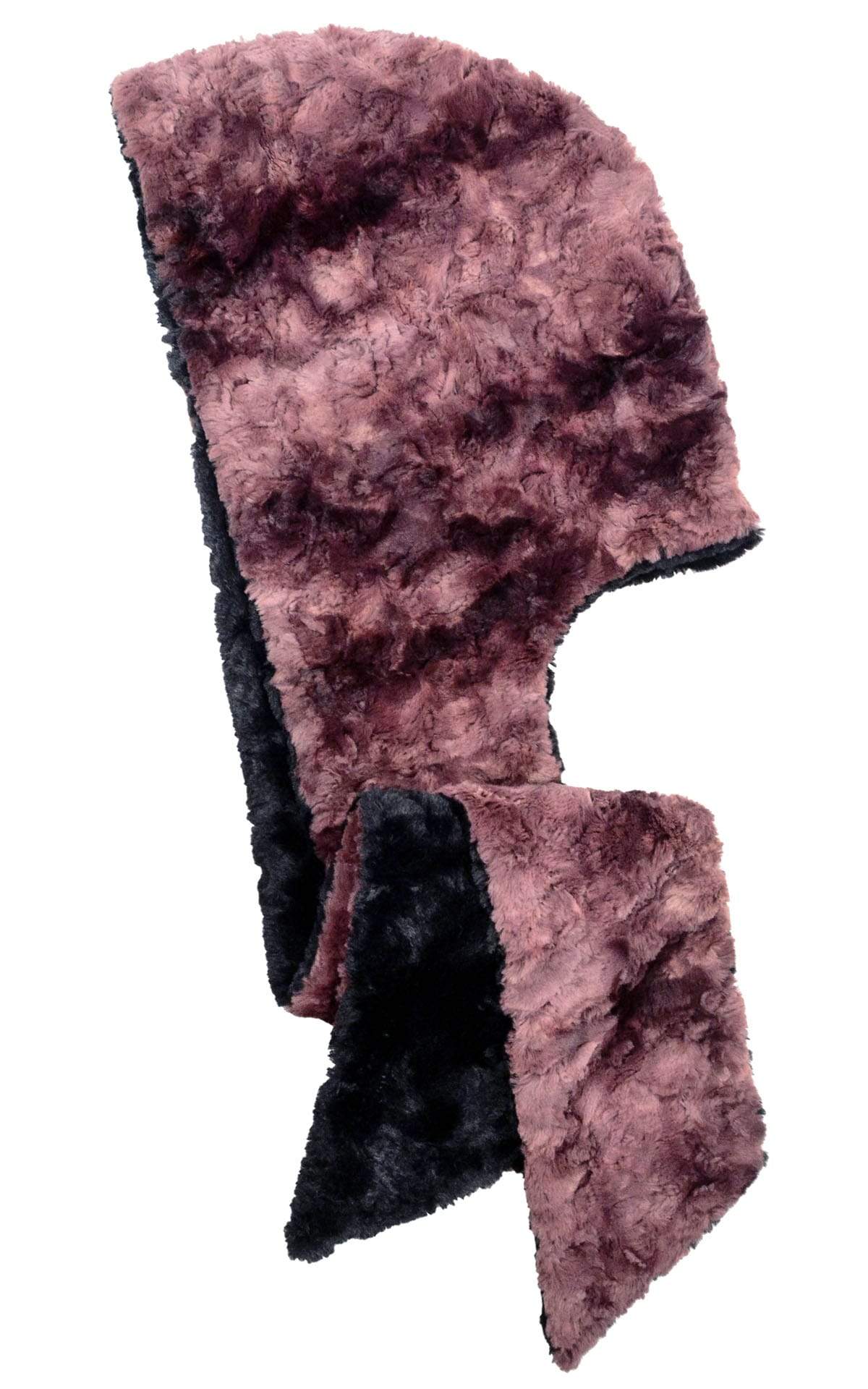 Unisex Two-Tone Hooded Scarf | Highland in  Thistle, Mauve reversing to Cuddly Fur in Black Faux Fur| Handmade in Seattle WA | Pandemonium Millinery