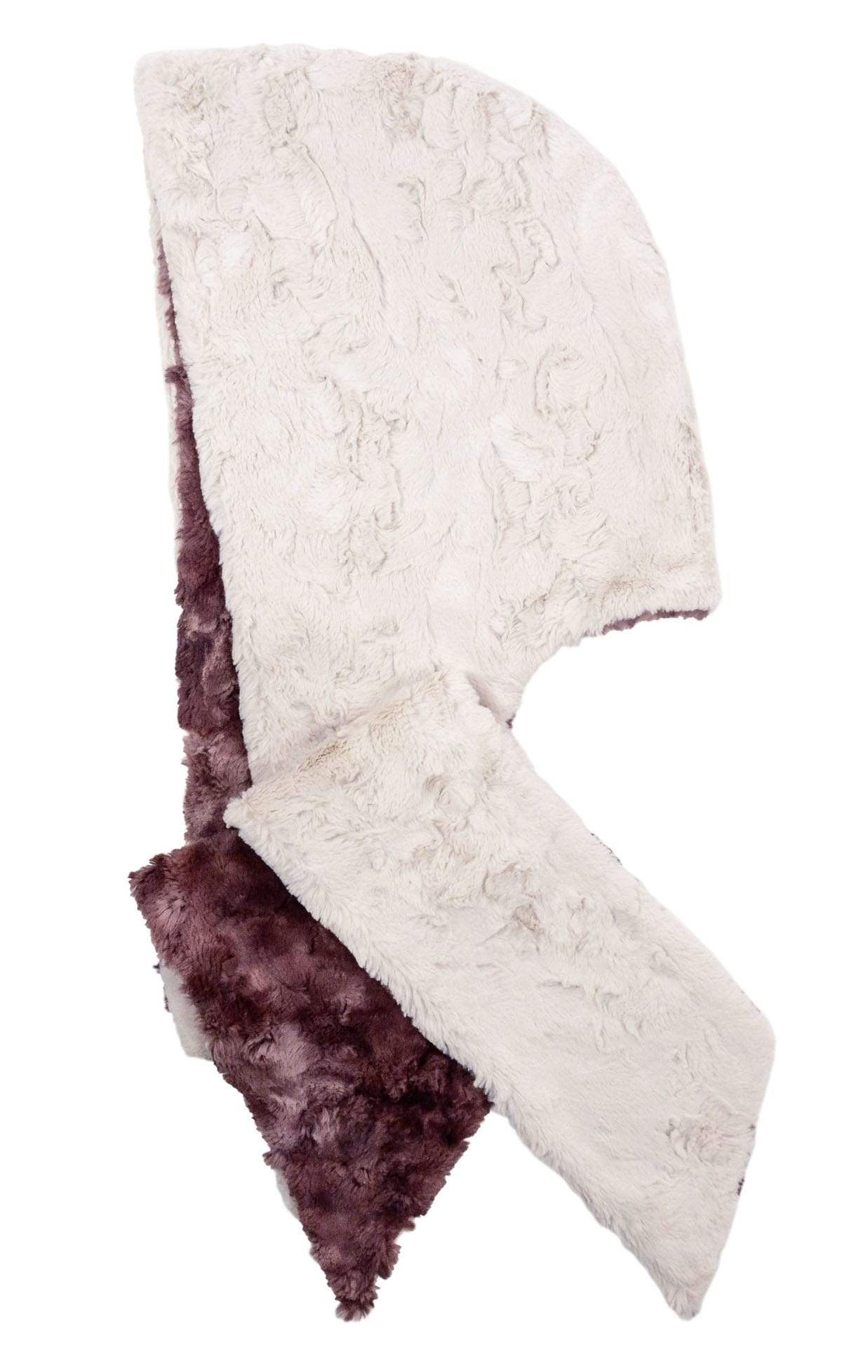 Unisex Two-Tone Hooded Scarf | Highland in Thistle, Mauve reversing to Cuddly Fur in Sand, Ivory Faux Fur, shown in reverse| Handmade in Seattle WA | Pandemonium Millinery