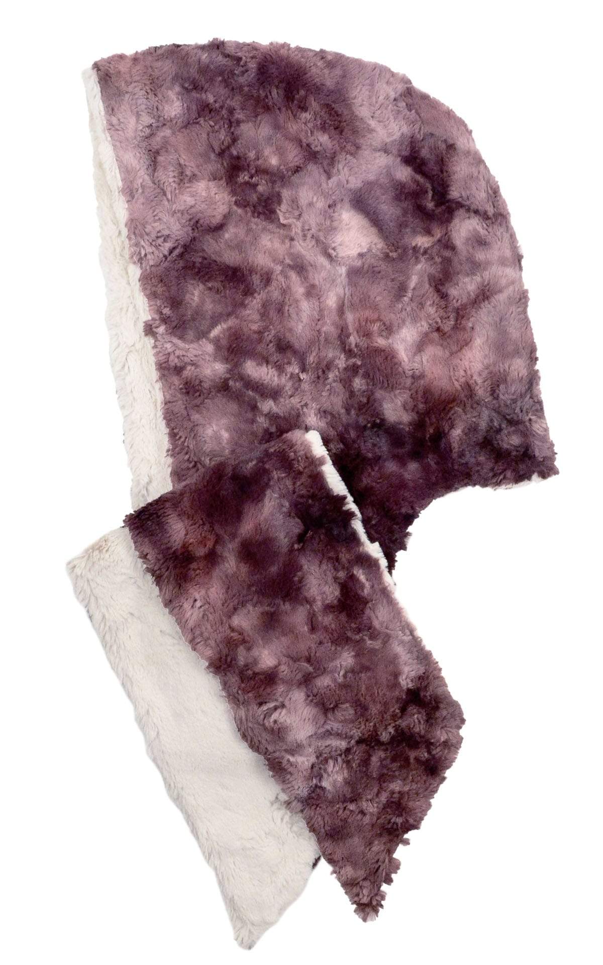 Unisex Two-Tone Hooded Scarf | Highland in Thistle, Mauve reversing to Cuddly Fur in Sand, Ivory Faux Fur | Handmade in Seattle WA | Pandemonium Millinery