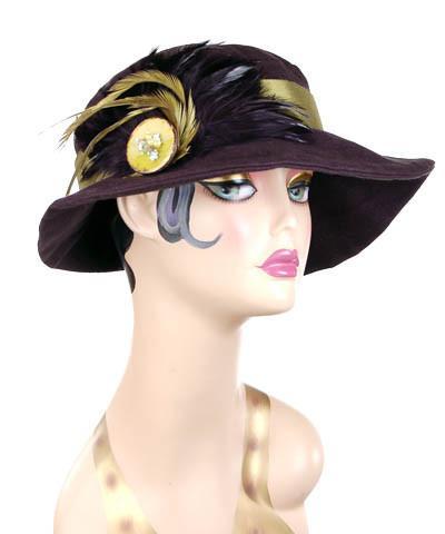 Katherine Wide Brim Hat on Mannequin | Black Linen with Green Feather Brooch | Handmade USA by Pandemonium Seattle