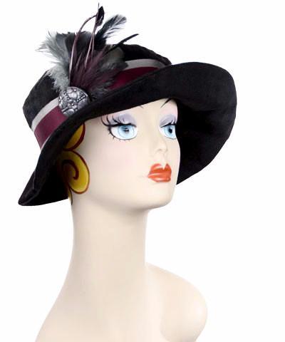 Katherine Wide Brim Hat on Mannequin | Black Linen with Plum Feather Brooch | Handmade USA by Pandemonium Seattle