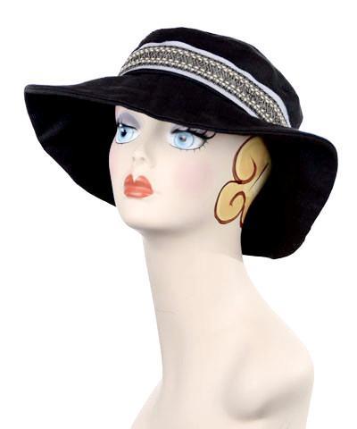 Katherine Wide Brim Hat on Mannequin | Black Linen with Braided Band | Handmade USA by Pandemonium Seattle