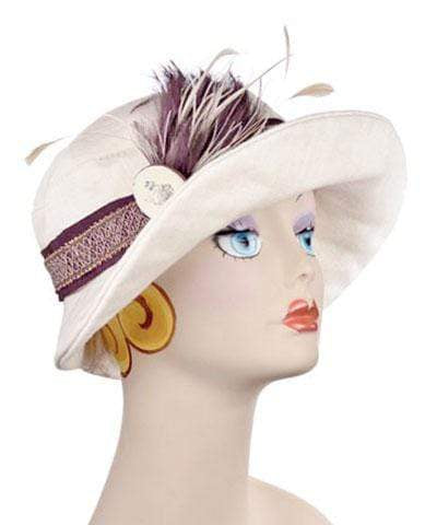 Katherine Wide Brim Hat in Seashell Linen with Custom Pink Velvety Flower | Handmade By Pandemonium in Seattle WA