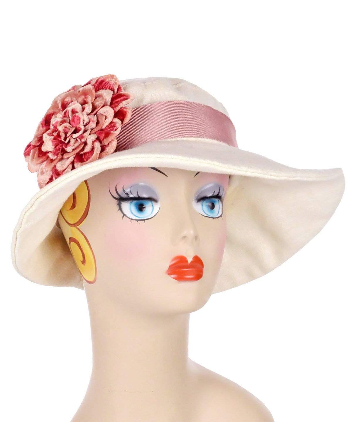 Katherine Wide Brim Hat in Seashell Linen with Custom Pink Velvety Flower | Handmade By Pandemonium in Seattle WA