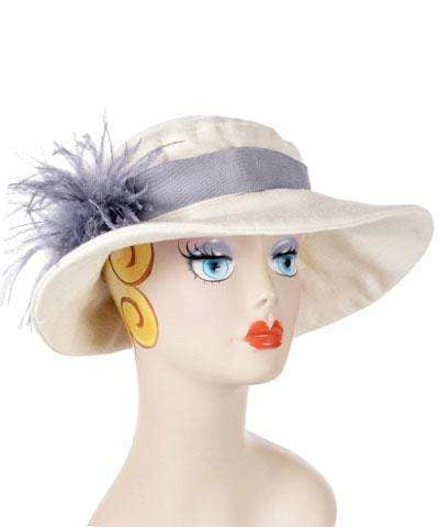  Katherine Wide Brim Hat in Seashell Linen with Gray Band and Light Gray Ostrich Feather Brooch | Handmade By Pandemonium in Seattle WA