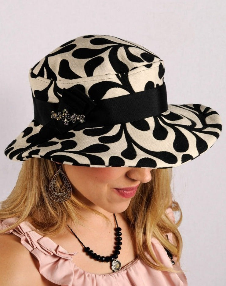 Katherine Hat with Brooch | White Pepper Paisley Upholstery | Pandemonium Millinery Handmade Seattle USA