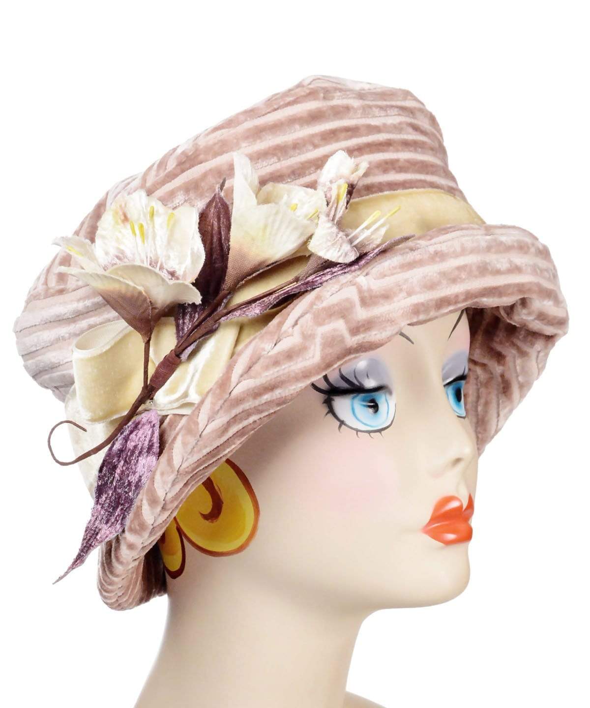 Headshot of Modeling wearing Molly Hat Chenille in Cherry Blossom with  Cream Velvet Flower Brooch | Handmade By Pandemonium Millinery | Seattle WA USA
