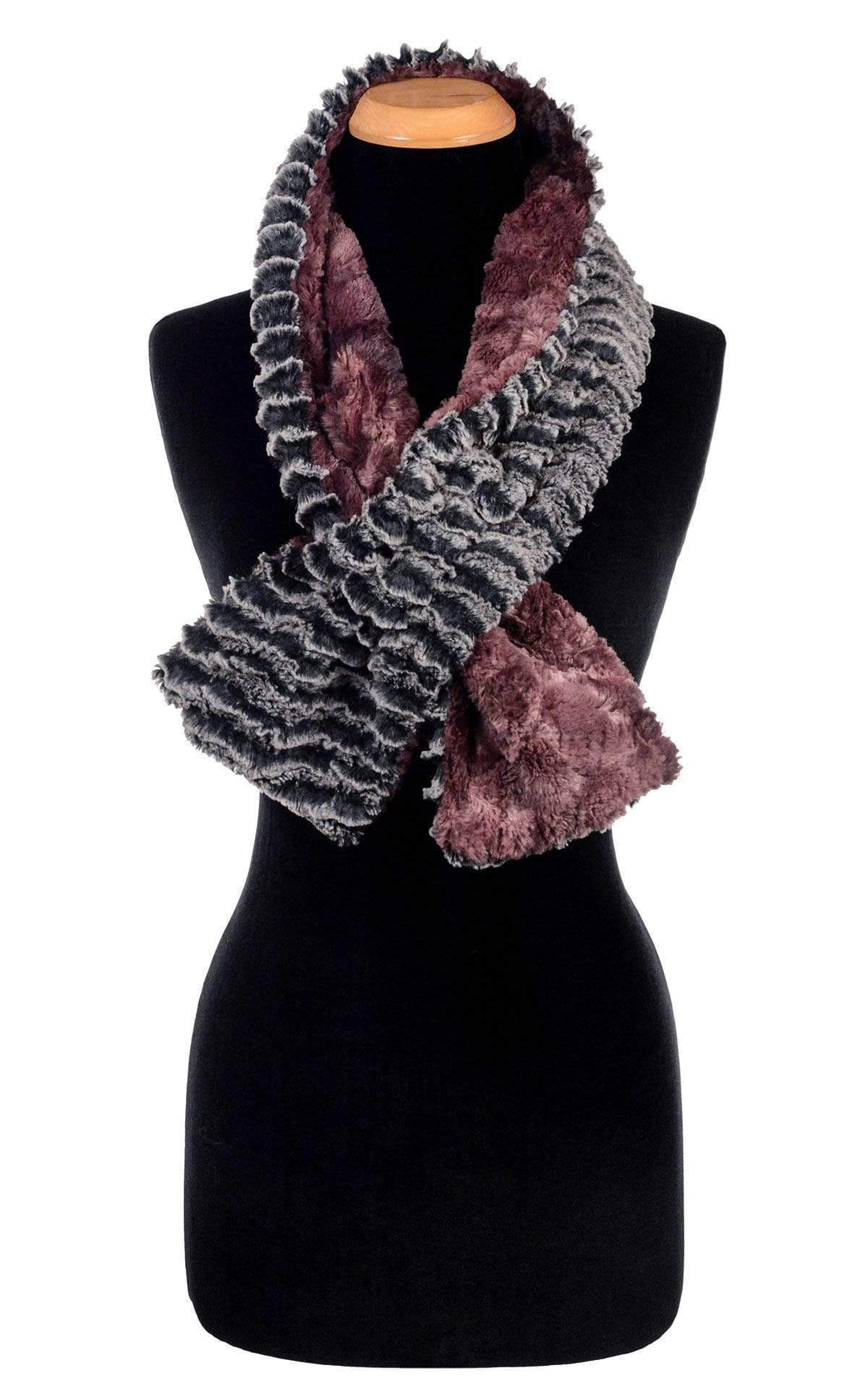 Product shot of Women’s reversible Long Pull Through Scarf | Desert Sand in Charcoal gray with Highland in Thistle faux fur, Mauve tie-dye and grey | Handmade in Seattle WA | Pandemonium Millinery