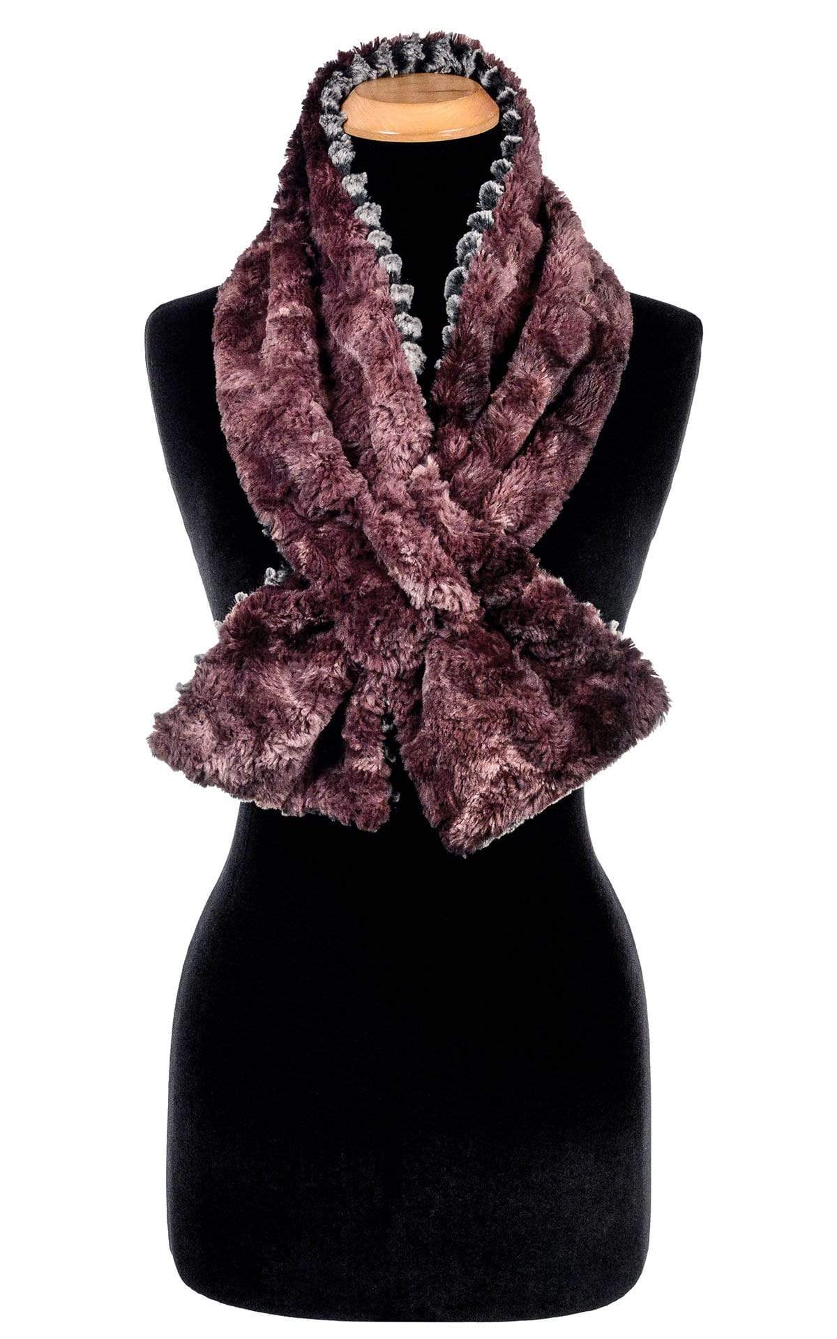  Product shot of Women’s reversible Long Pull Through Scarf shown in reverse | Deseret Sand in Charcoal gray with Highland in Thistle faux fur, Mauve tie-dye and grey | Handmade in Seattle WA | Pandemonium Millinery