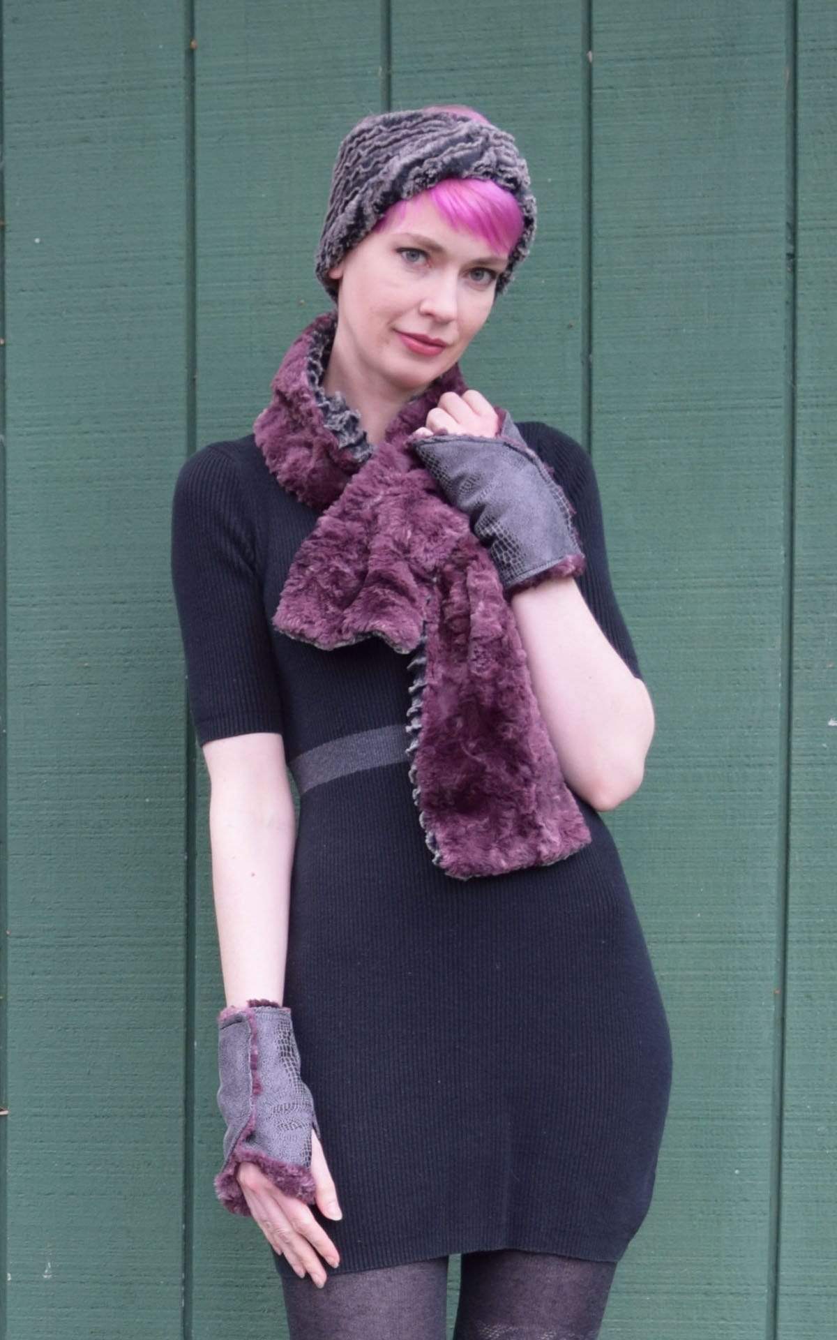 Model l wearing fingerless texting gloves, headband, and matching  reversible Long Pull Through Scarf | Deseret Sand in Charcoal gray with Highland in Thistle faux fur, Mauve tie-dye, and grey | Handmade in Seattle WA | Pandemonium Millinery