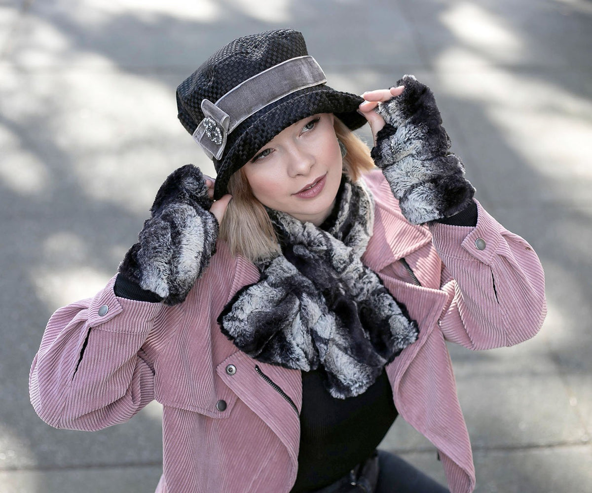 Model wearing Molly Hat in Interconnected in Black | Midori Velvet in Pewter Band with Rhinestone Flower Brooch | Handmade By Pandemonium Millinery | Seattle WA