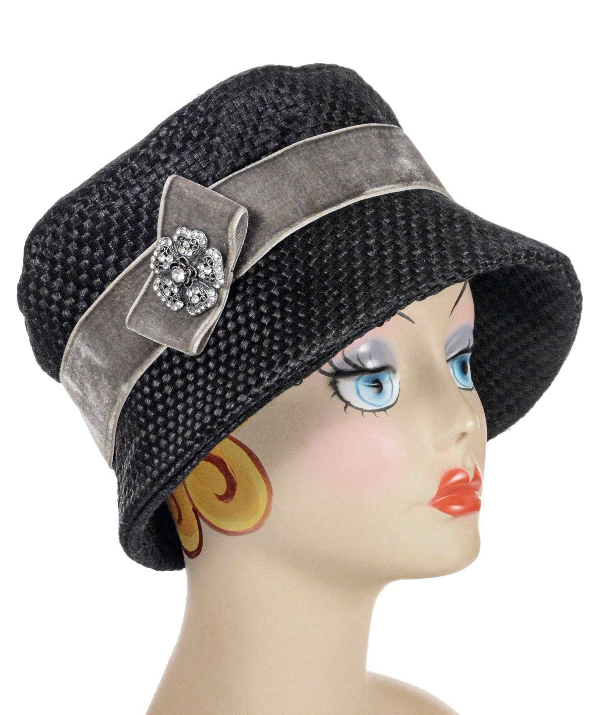 Molly Hat | Interconnected in Black | Midori Velvet in Pewter Band with Rhinestone Flower Brooch | Handmade By Pandemonium Millinery | Seattle WA