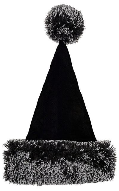 Santa Hat Style in Black Velvet with Silver Tip Fox in Black Cuffs by Pandemonium Seattle. Handmade in Seattle, WA USA.