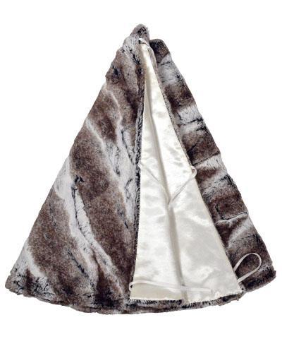 Close up of the Birch Faux Fur Tree Skirt under a lit Christmas Tree. Made in Seattle, WA, USA. Pandemonium Seattle.