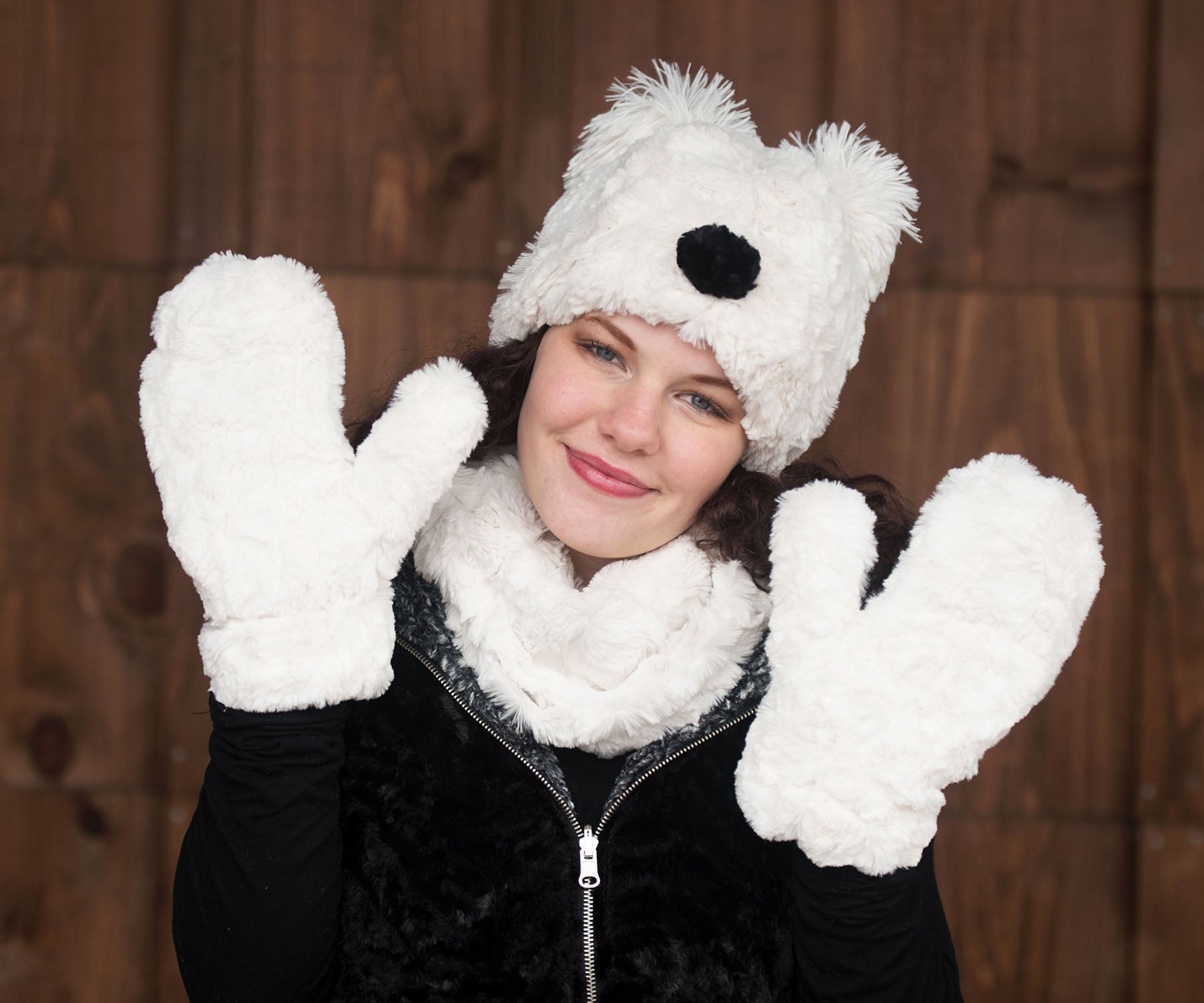 Woman wearing a Bear Beanie Hat with Poms, Mittens, and Neck Warmer in Ivory Faux Fur Handmade in Seattle WA USA by Pandemonium Millinery